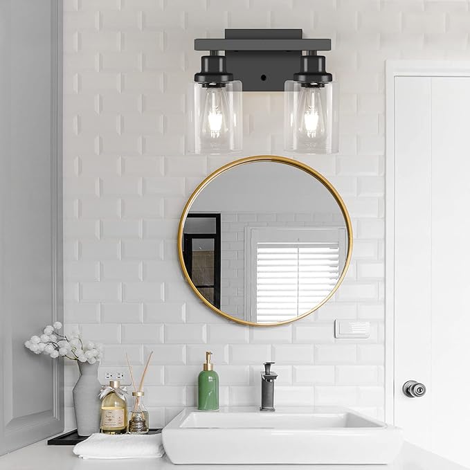 DIKAIDA Bathroom Vanity Light, 2-Light Modern Matte Wall Sconce Lighting with Clear Glass Shade, Wall Lights,Bath Vintage Wall Mounted Lamps for Mirror Bedroom Living Room