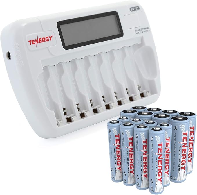 Tenergy AA/AAA Rechargeable Battery and Charger Combo TN162 - 8-Bay Smart LCD NiMH/NiCd Charger With 8 AA & 8 AAA Batteries