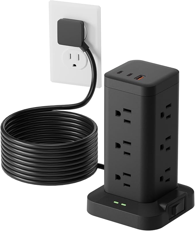 Tagzilo 15-in-1 Power Strip Tower with Surge Protector 1800J, Fast Charging Tower PD20W USB-C Ports with 12 AC Outlets, 9.8ft Extension Cord for Home Office Dorm Room, Black