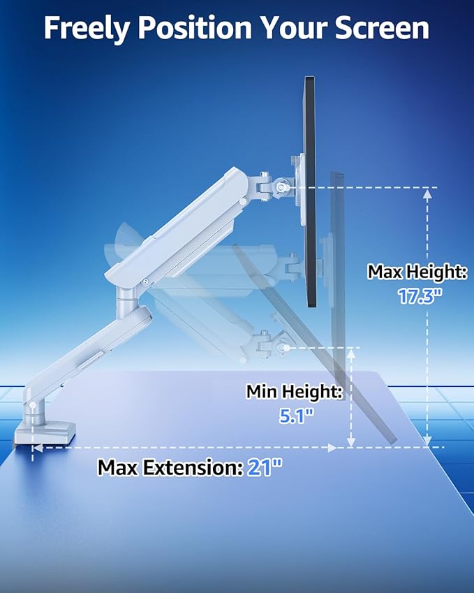 Single Monitor Mount for 32 27 24 22 inch Screen, Monitor Arm Holds 4.4-22 lbs, Monitor Desk Mount, Gaming & Home Office Use, VESA 75x75mm & 100x100mm, Freelift Pro White