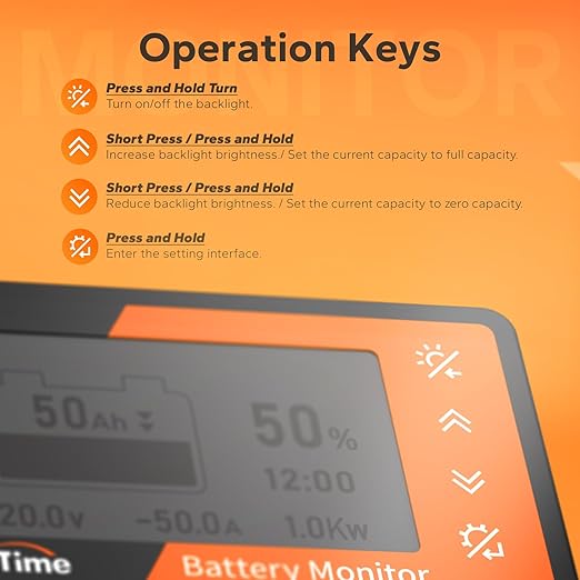 LiTime 500A Battery Monitor with Shunt, 8V-120V Battery Monitor for RV Motorcycle Golf Cart Solar Panel with LCD Backlight Screen Buzzer Alarm, Capacity Percentage Time Power Voltmeter Display