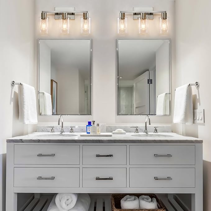 SOPEAS 3-Light Vanity Lights,Brushed Nickel Vanity Light,with Clear Glass Shade for Bathroom Light Fixtures, Bathroom Light Fixtures Over Mirror