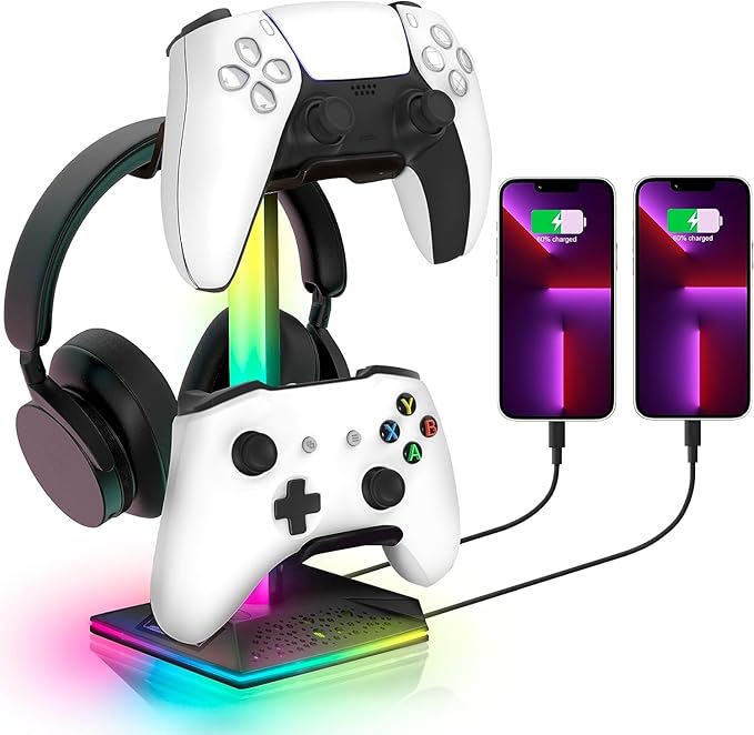 CybJoy RGB Headset Stand, Gaming Controller Stand with 2 USB and 1 Type-C Ports,10 Light Modes Headset Holder PC Gaming Accessories, Suitable for All Earphone Accessories, Gift for Boys Men Gamers