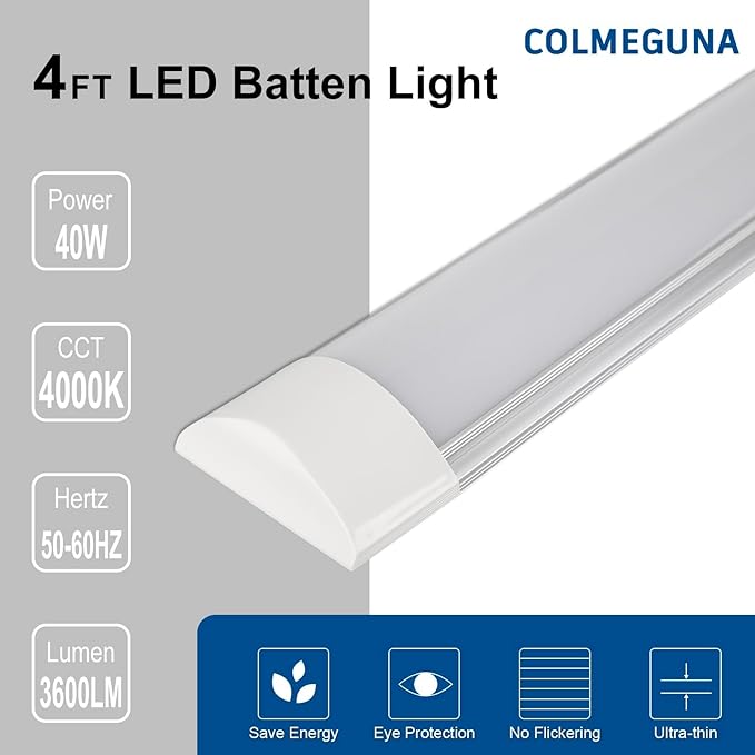 colmeguna 1 Packs 4FT LED Batten Light, Ultra-Thin Ceiling Surface Mounted Light, 40W, 4000K, IP20, LED Ceiling Lamp for Garage, Shop, Hallway, Office, Market, ver.2