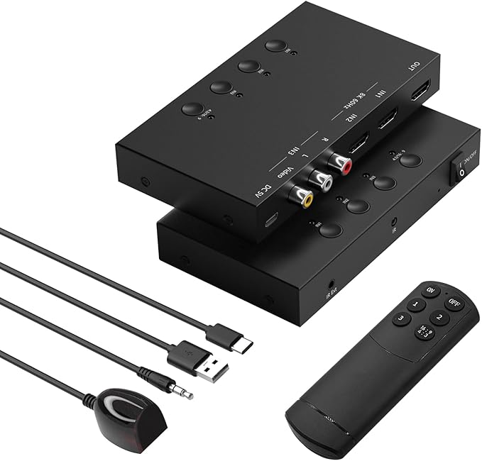 3-Port 8K@60Hz HDMI Switch with AV Input, 2X HDMI & 1x RCA to HDMI Converter Supports HDR10, HDCP 2.2, 3D with IR Remote Control, Compatible with Xbox/PS2/Nintendo Switch,Xbox,PS5/PS4,Roku,Apple TV