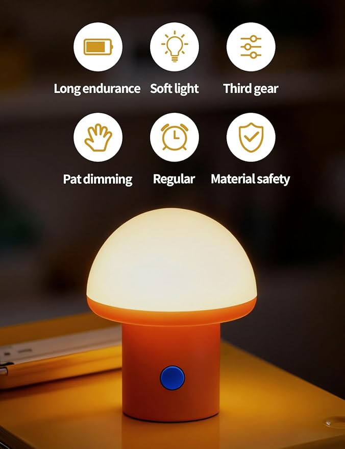 Sgohevn LED Night Light for Bedroom - Cute Mushroom Mini Desk Lamp with 3 Brightness Levels, USB Rechargeable & Portable Bedside Lamp for Kids and Nursery Christmas Gifts for Birthday