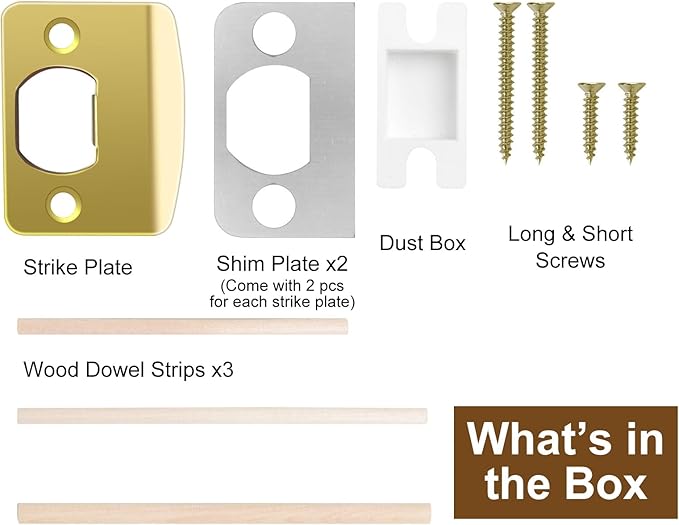 MOSECYOU Standard Strike Plates with Repair Kits, Door Latch Restorer Striker with Sub-Plates and Wood Dowels, Fix Aged Strike Opening (Gold, 1 Pack)