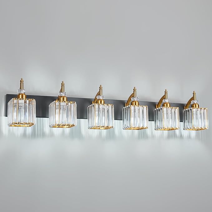 BBLLWJ Modern Black Gold 6 Light Bathroom Vanity Light Crystal Bathroom Light Fixtures Over Mirror