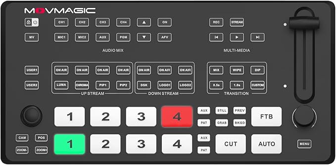 Movmagic M4E Pro 5CH Multi Camera Video Mixer Switcher,2 HDMI(4K/60P Input,Supports PTZ/USB/SD/DSK/Recordable & Replayable/Landscape & Portrait,Video switcher for Live Streaming