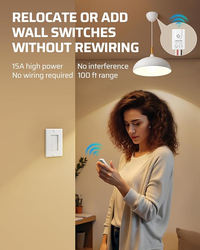 DEWENWILS Wireless Light Switch and Receiver Kit, 15A, No Wiring, No Interference, 100FT Control Range, Remote Light Switches Wireless for Lamp, Ceiling Light, Fan, 2 Transmitter+1 Receiver
