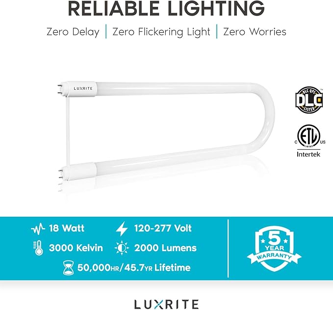 LUXRITE U Bend LED Tube Light, T8 T12, 18W (32W Equivalent), 3000K Soft White, 2000 Lumens, Fluorescent Light Tube Replacement, Direct or Ballast Bypass, DLC and ETL Listed, G13 Base (6 Pack)