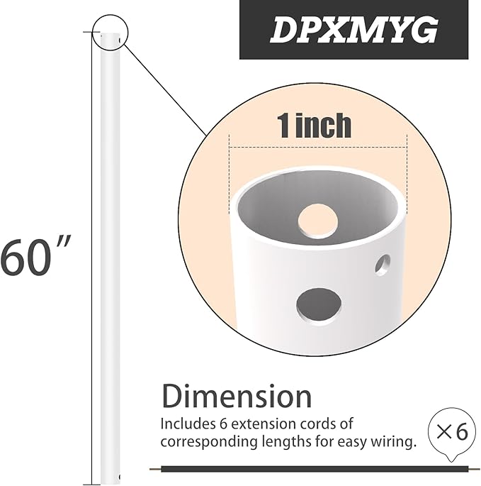 DPXMYG 60 inch Ceiling Fan Downrod with Extension Cord, 5 FT White Downrod for Ceiling Fan, 1 inch Outside Diameter, Ceiling Fan Boom Suitable for a Wide Range of Fans (White, Not Threaded)