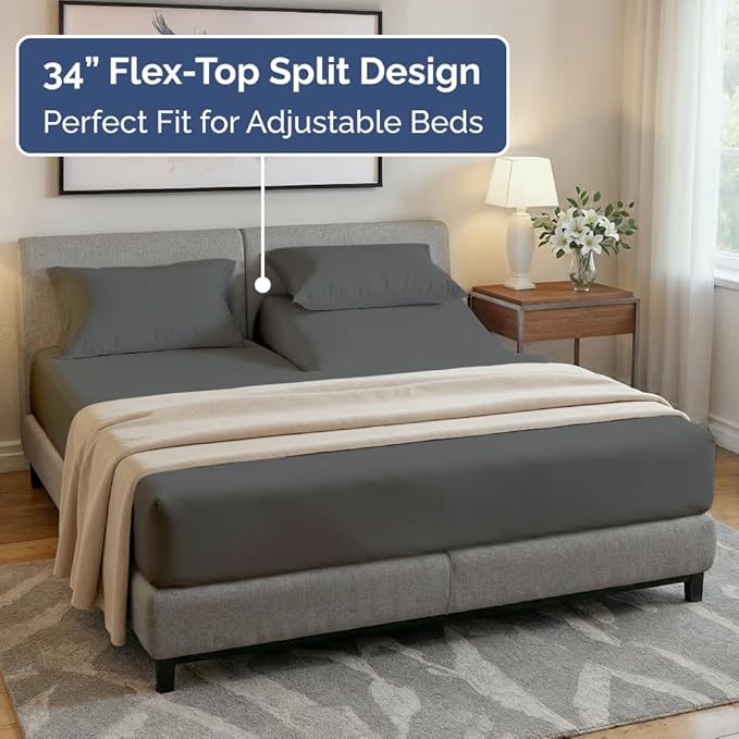 Split Head King Sheet Set – 4 Piece Flex Split Top King Sheets for Adjustable Beds - Fits 14” to 16" Mattress w/ Deep Pockets - Soft, Breathable & Cooling - Luxury Bedding and Wrinkle Free - Charcoal