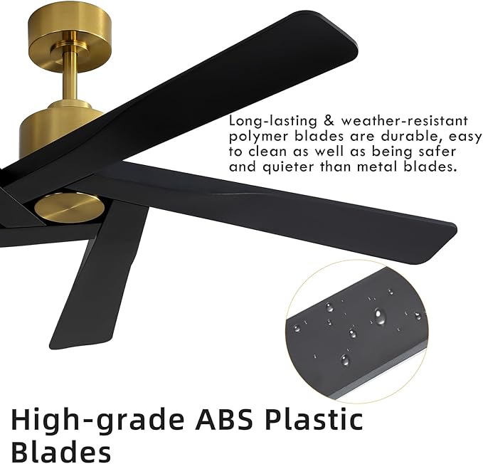 WINGBO 54" ABS DC Ceiling Fan No Light, 5 Blade ABS Plastic Ceiling Fan with Remote, 6-Speed Reversible DC Motor, Ceiling Fans without Light for Kitchen Bedroom Living Room, Brass and Matte Black