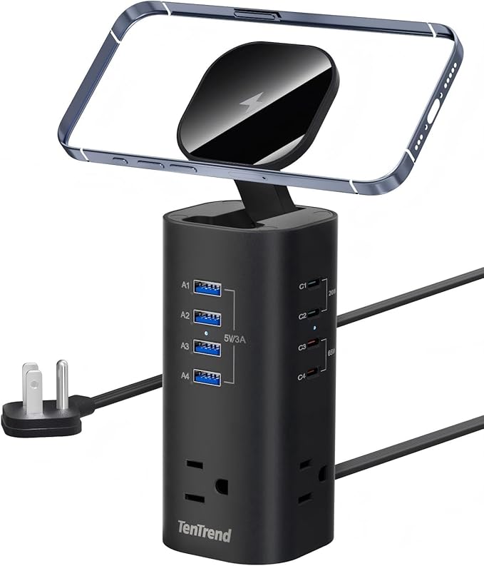 Flat Plug Surge Protector Tower, TenTrend Power Strip Tower with Surge Protection, 3 AC Outlets & 8 USB Ports, 5FT Extension Cord, 115W Total Fast Charging Tower for Multiple Devices