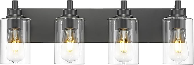 METWET 4-Light Bathroom Light Fixtures, Black Vanity Light with Cylinder Clear Glass Shade, Modern Vanity Lighting Fixtures Over Mirror, VL143-MB-4