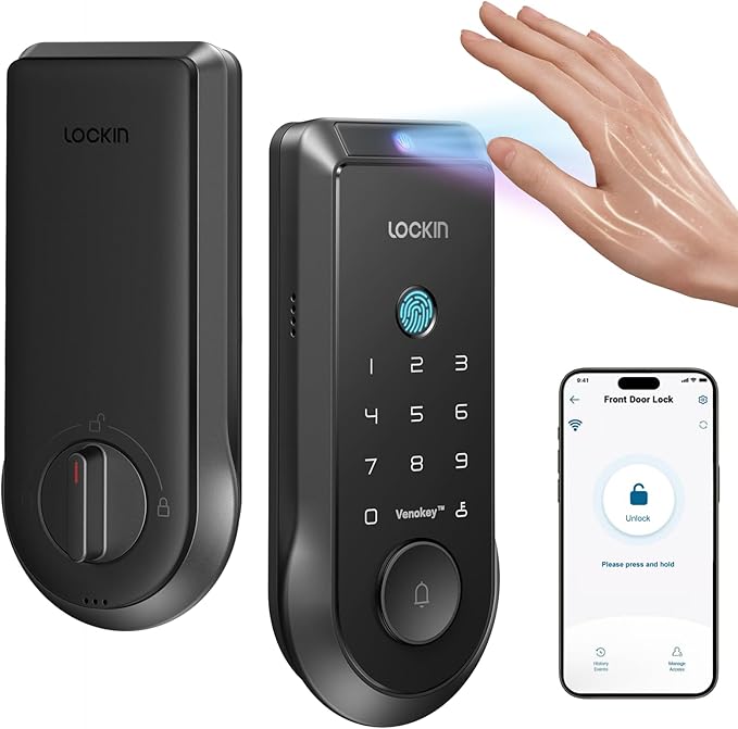 Lockin Veno Smart Lock, Palm Vein Recognition, Built-in Wi‑Fi, Palm Vein & Fingerprint Unlock, Keyless Front Door Entry, App Control, Auto‑Lock, Anti‑Peep PIN, 7‑Month Battery, IP65 Waterproof