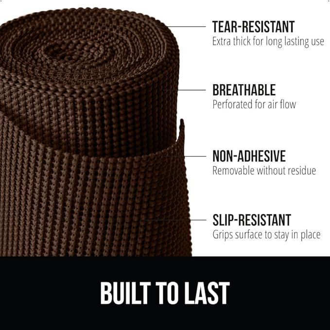 GORILLA GRIP powerGRIP Drawer Shelf and Cabinet Liner, Thick Strong Hold, Non-Adhesive Liners Protect Kitchen Cabinets and Cupboard, Bathroom Drawers, Easy Install, Breathable Mat, 12" x30', Chocolate