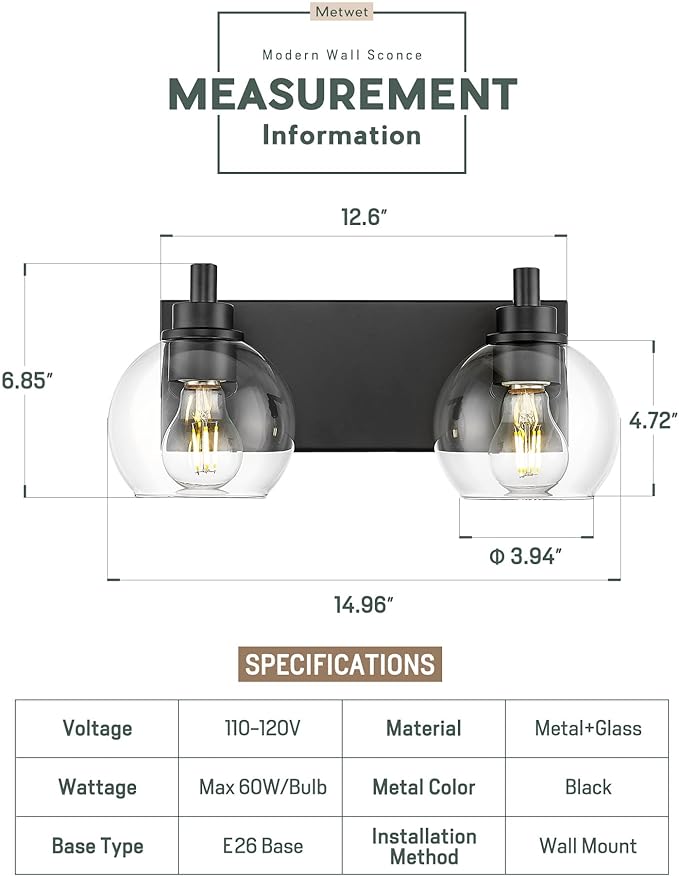 METWET Bathroom Light Fixtures, 2 Light Matte Black Vanity Light, Modern Wall Sconces with Clear Glass Globe Shade, Bathroom Wall Lights Over Mirror Kitchen Bedroom Hallway, VL195-MB-2
