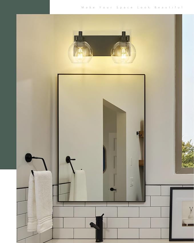 METWET Bathroom Light Fixtures, 2 Light Matte Black Vanity Light, Modern Wall Sconces with Clear Glass Globe Shade, Bathroom Wall Lights Over Mirror Kitchen Bedroom Hallway, VL195-MB-2