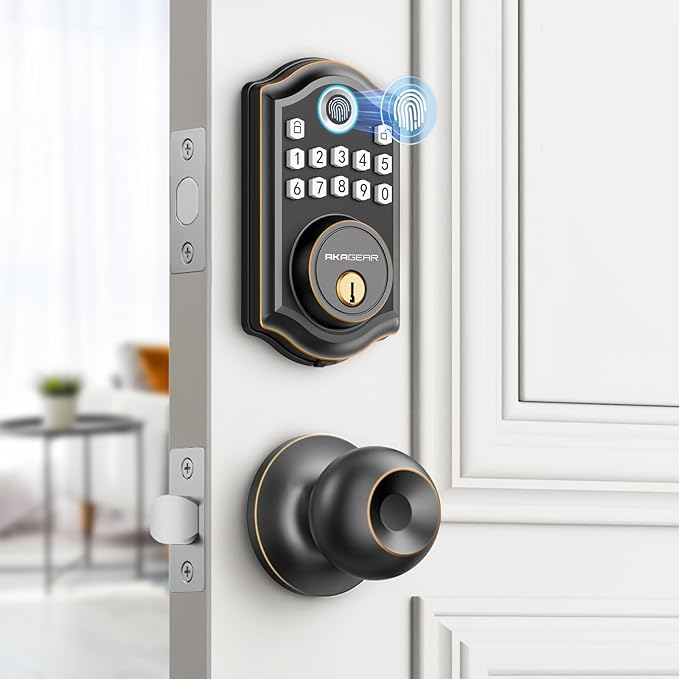AkaGear DS10 Keyless Entry Door Lock with Door Knob, Fingerprint Door Lock, Electronic Keypad Deadbolt, Smart Door Lock, Smart Locks for Front Door, Auto-Lock - Oil Rubbed Bronze