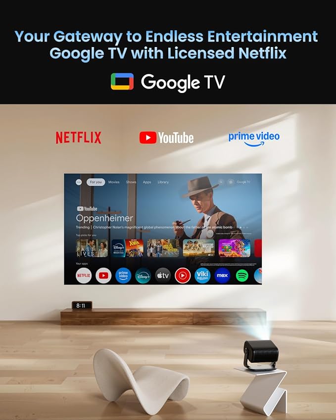 Dangbei MP1 MAX Triple Laser Projector 4K - 3100 ISO Lumens, 110% BT.2020, Google TV with Netflix Officially, 300'' Display, 2x12W Dolby Audio DTS:X, HDR10+, Blu-ray 3D