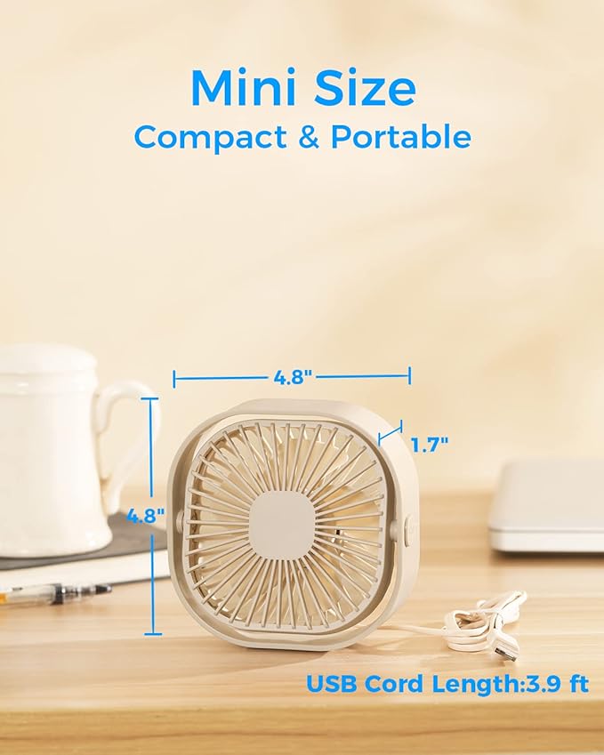 RJVW 4 Inch Small USB Desk Fan, 3-Speed Portable & 360°Rotatable Mini Cooling Fan, USB-Powered Desktop Fan for Home Office Bedroom Dorm Indoor Outdoor Summer Gift
