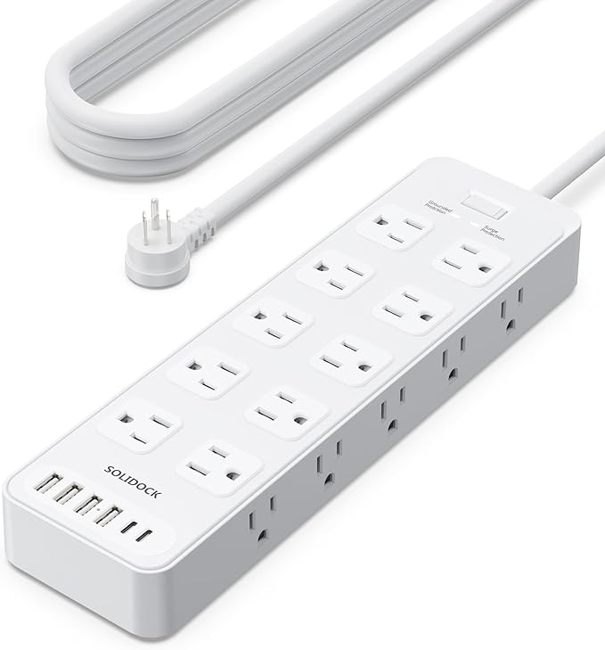 Solidock Power Strip Surge Protector Flat Plug with 20 AC Outlets 6 USB Chagring Ports, 1875W/15A, 2700J, 15 Ft Heavy Duty Extension Cord for Home, Office, Dorm, Gaming,ETL Listed (White, 15Feet)