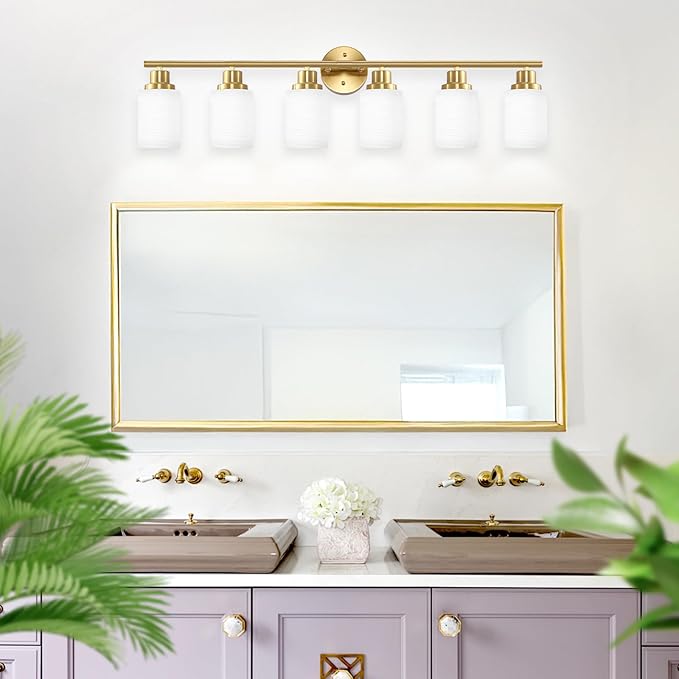 Guliaofo 6-Light Vanity Lights, Brushed Gold Bathroom Light Fixture with Striped Textured Milky White Glass Shade, E26 Wall Sconce, Modern Vanity Lighting Fixture for Bathroom Wall Light Over Mirror