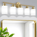 Guliaofo 5-Light Vanity Lights, Brushed Gold Bathroom Light Fixture with Striped Textured Milky White Glass Shade, E26 Modern Vanity Lighting Fixture for Bathroom Wall Sconce Light Over Mirror