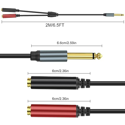 XMSJSIY 1/4" 6.35mm TS Mono Splitter 1 to 2 Audio Y Splitter Cable Adapter 6.35mm TS Male to Dual Female Mono Guitar Signal Audio Cord Gold Plaed for OFC HiFi TS Speaker Microphone Headphone-2M/6.5FT