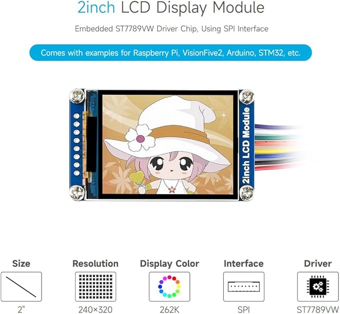 Waveshare 2inch LCD Display Module, Compatible with Raspberry Pi/Pi zero/Arduino/Esp32, with ST7789 Driver, 262K Color, IPS Screen, 240×320 Resolution, SPI Interface
