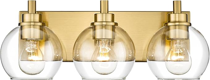 METWET Bathroom Light Fixtures, 3-Light Brushed Gold Vanity Light, Modern Wall Sconces with Clear Glass Globe Shade, Bathroom Wall Lights for Mirror Kitchen Bedroom Hallway Living Room, VL195-GD-3