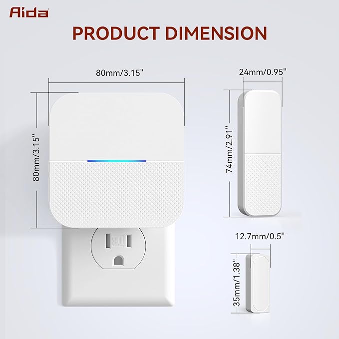 AIDA Door Alarms When Opened Wireless Ring Chime Sensor Alarm for Business/Home/Kids - 600ft Range, 58 Ringtones, 5 Volume Levels, Open Alert, Easy Install (1 Receiver + 1 Sensor)