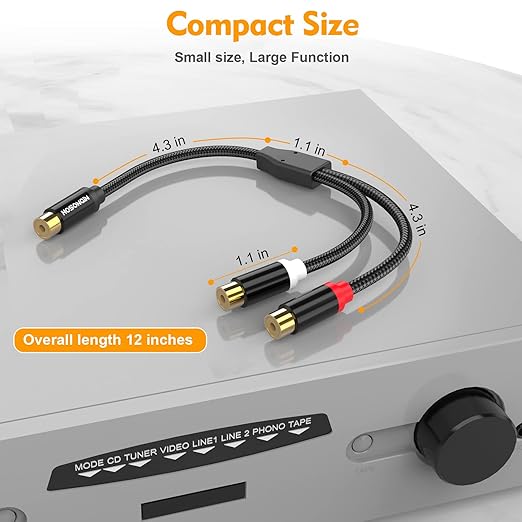 HOSONGIN RCA Splitter 1 Female to 2 Female Audio Cable (2 Pack), 24K Gold-Plated Plug, Cotton Braided Jacket, Dual Shielded Y Splitter Adapter for Amplifiers, TV, Home Theater, Hi-Fi Systems -12 inch