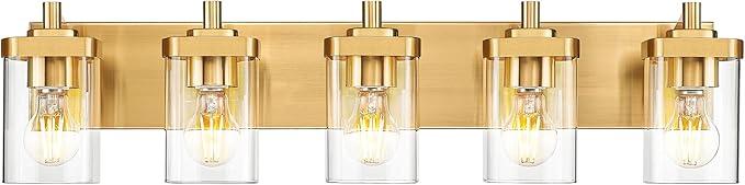 METWET Bathroom Light Fixtures, 30" Brushed Gold Vanity Light, 5-Light Modern Wall Sconces with Square Clear Glass Shade, Vanity Lighting Fixtures Over Mirror, VL194-BG-5