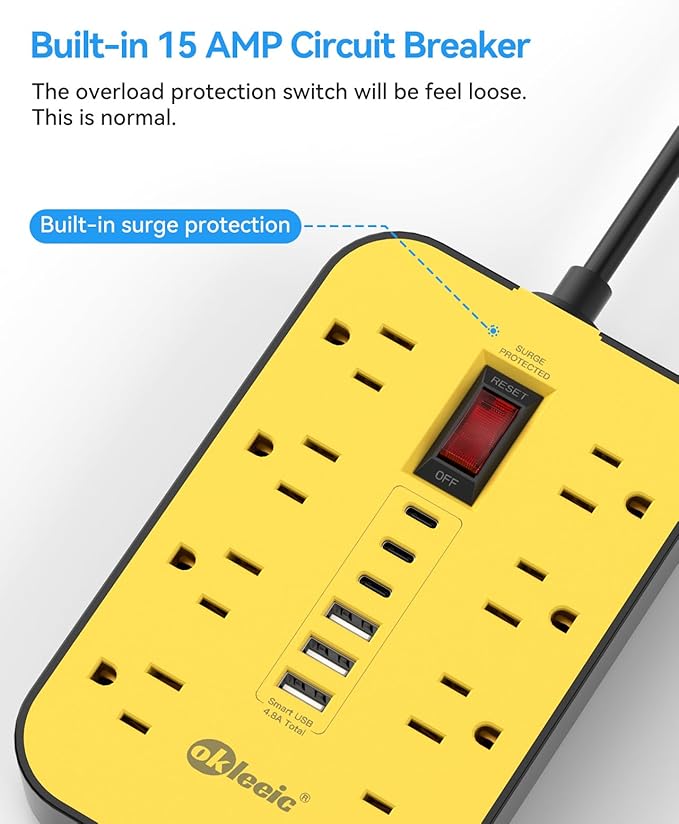Power Strip with USB, Surge Protector Flat Plug with 8 Widely Spaced Outlets and 6 USB Ports, 14 Gauge Heavy Duty Extension Cord 6 FT, High Wattage for Workbench, Workshop, Kitchen, Garage Must Have