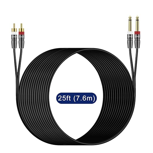 J&D Dual 1/4 inch TS to Dual RCA Cable, Heavy Duty 1/4 Male to RCA Male Adapter Stereo Audio Interconnect Quarter inch Cable, 25 Feet