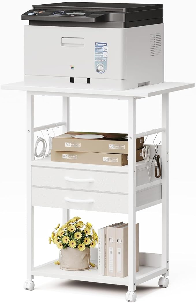 VENNQD Large Printer Stand with Storage Fabric Drawer Under Desk Printer Table with Wheels for Home Office, Printer Cart fit Fax Machine Scanner (White, 3 Tiers)
