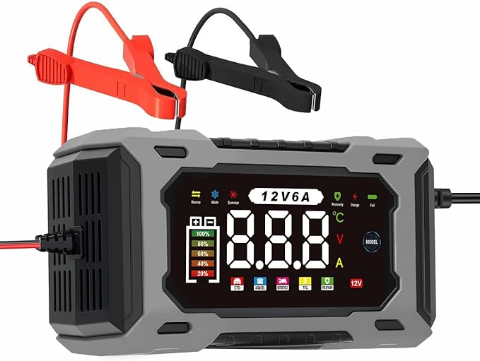 6-Amp 12V Smart Car Battery Charger, Battery Maintainer Trickle Charger with Desulfator, Pulse Repair & Overcharge Protection - for Car Lawn Mower Marine Lead-Acid Batteries (Gray)