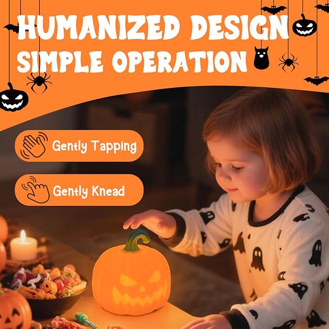LEDHOLYT Night Light for Kids, Cute Silicone Nursery Pumpkin Lamp for Baby and Toddler, Halloween NightLight for Boys and Girls,Squishy Kawaii Bedside Lamp for Kids Room