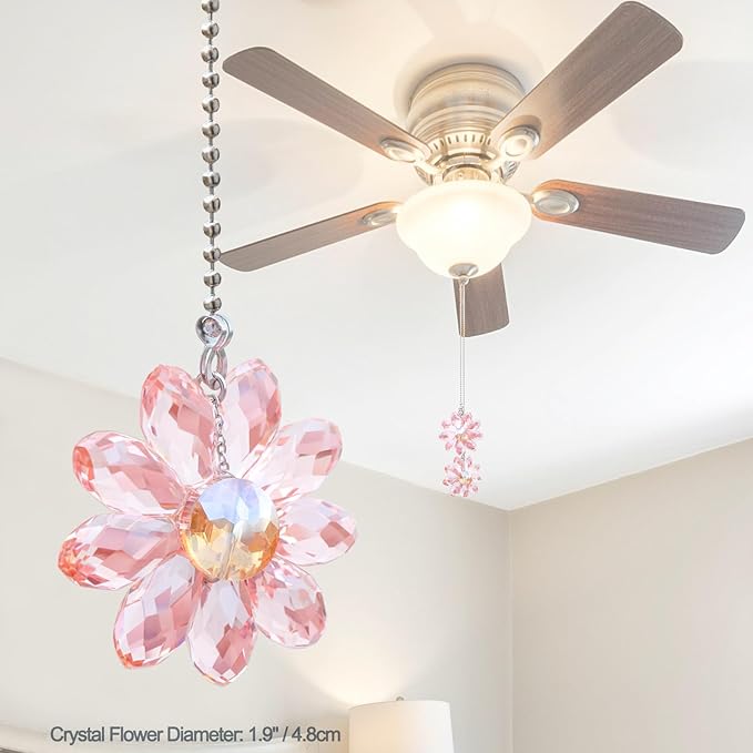 LEFERS Ceiling Fan Pull Chain, 2 Pieces 1.8" Crystal Glass Flower Pendants with 24" Ceiling Fan Chain Extender and Connector (Pink)
