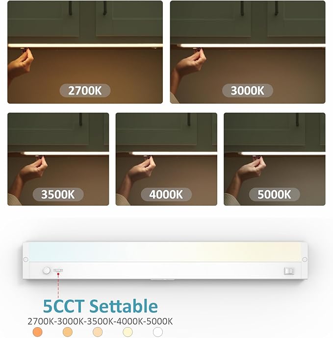 Leetdud Under Cabinet Lighting Plug in or Hardwired Built-in Dimmer, 18 Inch 9W, 5CCT 2700/3000/3500/4000/5000K, Linkable Counter Lights for Kitchen, ETL Dimmable LED Light Fixture, White