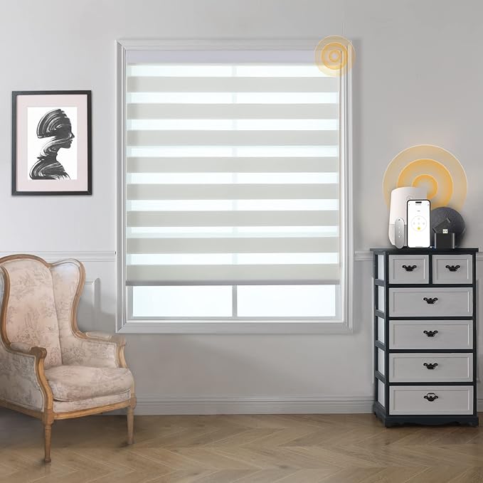 MUSCLEAREA Motorized Blinds with Remote, Cordless Automatic Zebra Shades, Smart Blind for Windows, White, 32 x 72
