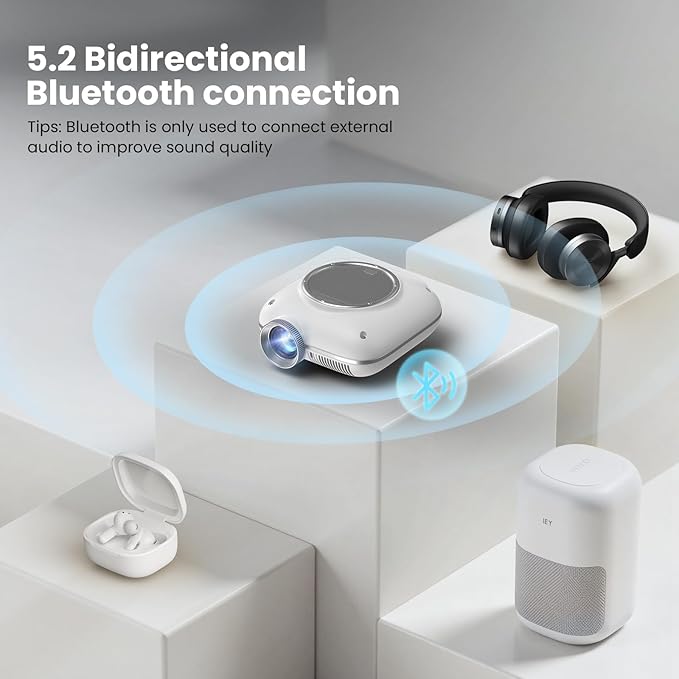 HOMPOW Mini Projector with Two -Way Bluetooth, Portable Projector for Home Theater Use, Support 1080P for Outdoor Projector/Movie Projector Compatible with HDMI, USB, Laptop, TV Stick (White)