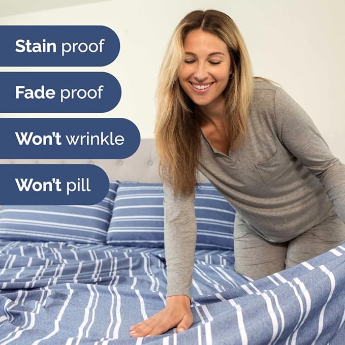 Full XL Bed Sheet Set - 4 Piece Extra Long Extended Full XL Sheets - Soft, Breathable & Cooling - Fits 8" to 16" Mattress with Deep Pockets - 54" x 80" - Wrinkle and Fade Resistant - Blue Stripes 3