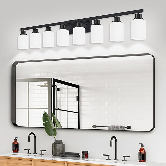 DIKAIDA 8-Light Bathroom Light Fixtures Over Mirror, 52inch Modern Matte Black Vanity Lights with White Frosted Glass Shade, Bathroom Wall Lamp Sconces for Mirror Bedroom, Living Room Hallway