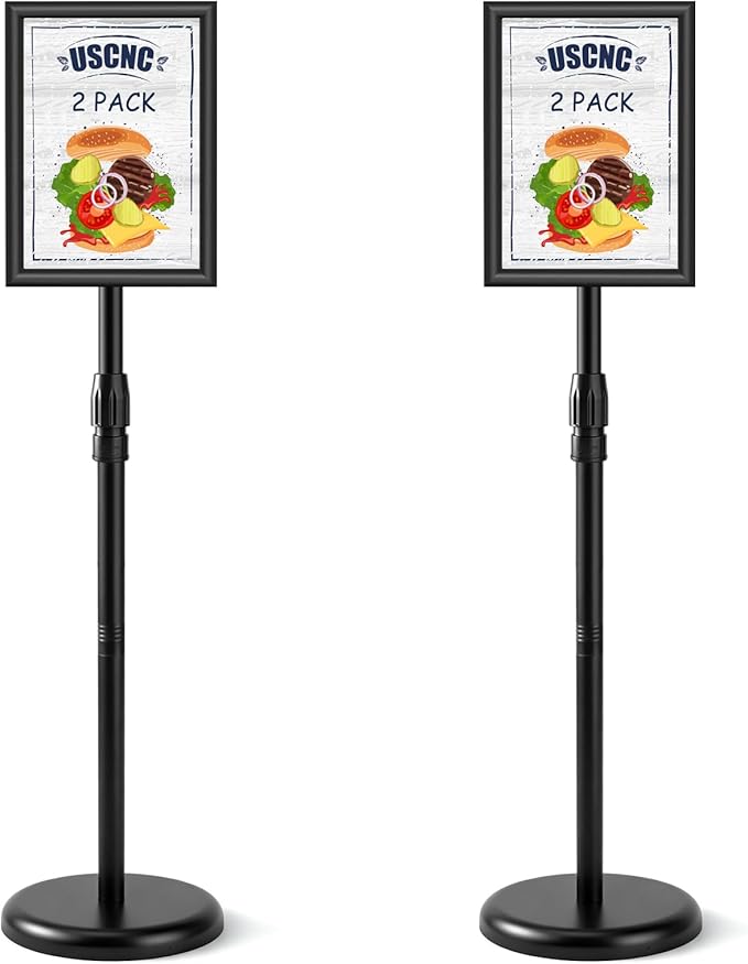 USCNC Sign Holder Stand 8.5x11 inch - Adjustable Floor Standing Sign Holder -Snap open frame,360° Rotation for Malls,Schools,Restaurants (Black 2 Pack)