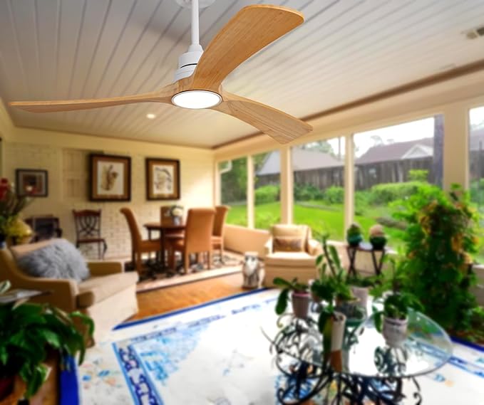 Gaizw 52 Inch Ceiling Fans with Lights and Remote Control, Modern Wooden Ceiling Fan, 2 Downrods 3 Blades Ceiling Fan with Light, 6 Speeds Reversible Quiet DC Motor Indoor Outdoor Fans