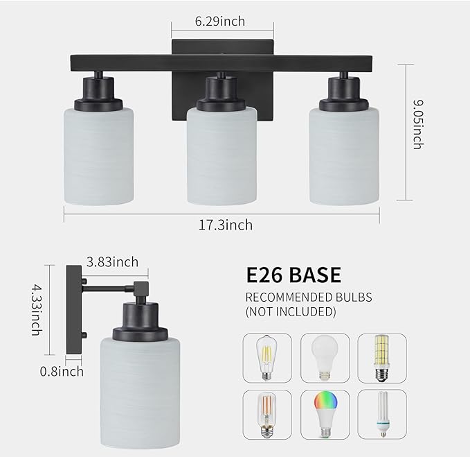DIKAIDA 3-Light Bathroom Light Fixtures Over Mirror, Modern Matte Black Vanity Lights with White Frosted Glass Shade, Bathroom Wall Lamp Sconces for Mirror Bedroom, Living Room Hallway